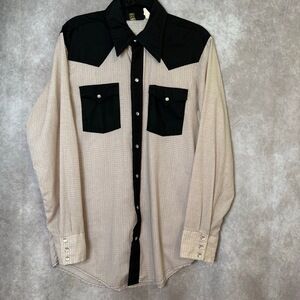 VTG 1970s Sears Western Wear‎ Pearl Snap Check Rockabilly Button Up Mens Size L